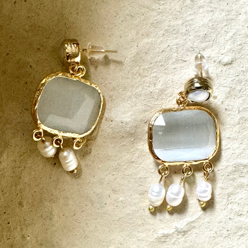 Cat Eye Freshwater Pearl Dangling Earrings