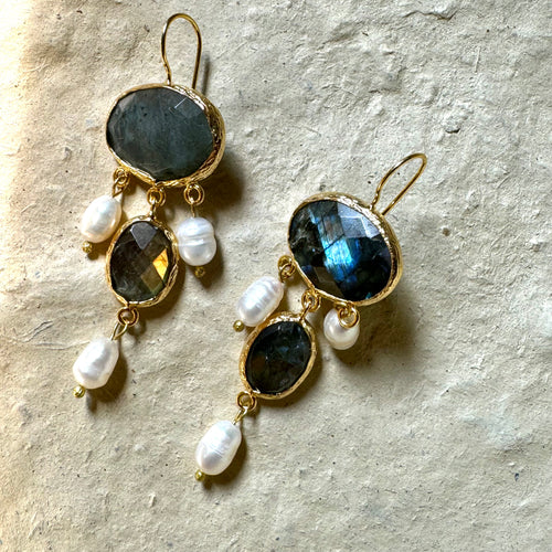 Labrodite Freshwater pearl Gold Plated Earings
