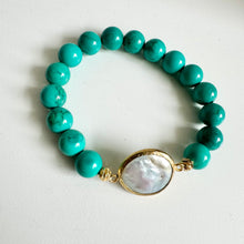 Turquoise Stretch Bracelet. with FreshWater Pearl/Aquamarine Gem Stone